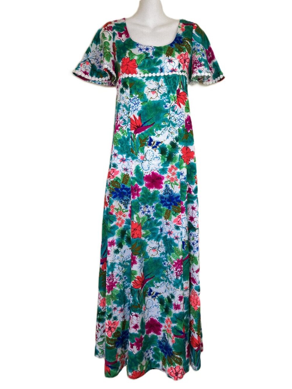 Home Made Hawaiian Maxi Dress Empire Waist Barkcloth Hibiscus Floral Vintage 70s